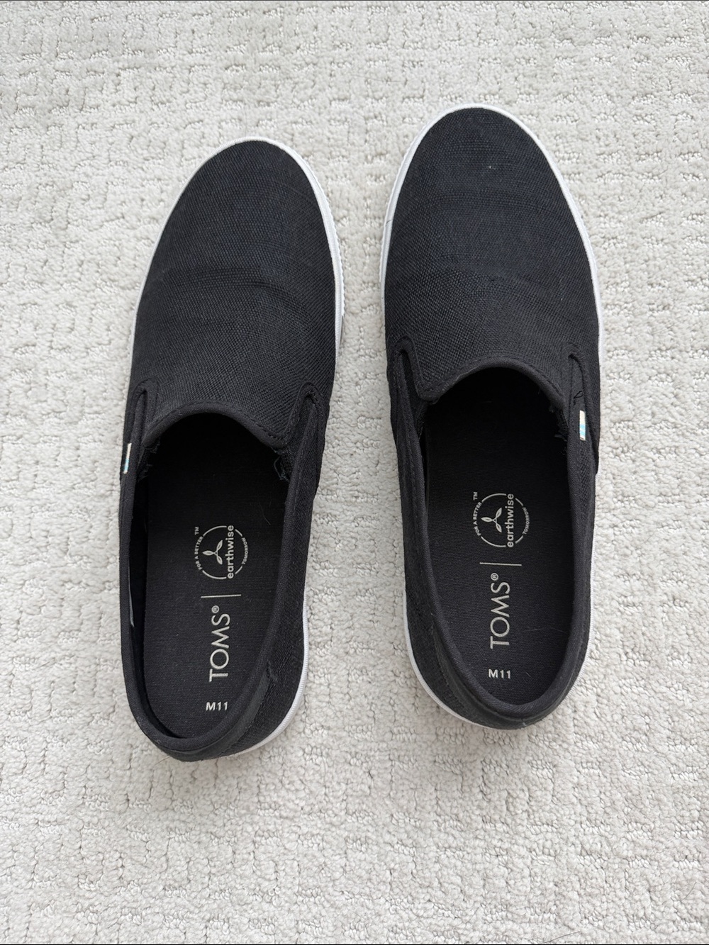 TOMS Black Canvas Slip-On Loafers with White Sole Men’s 11